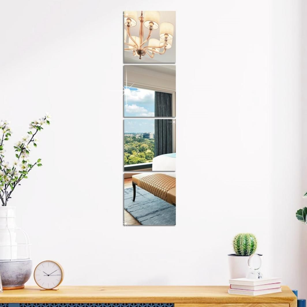 Square Silver Big 3D Acrylic Mirror Wall Sticker - 4 Pieces
